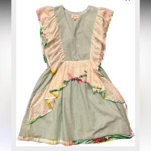 KOCH Green and White Seersucker Ruffle Dress Multicolor Trim HARD TO FIND